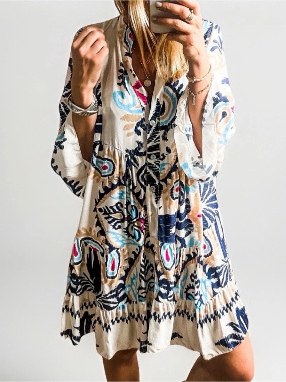 Women's Boho Festival Bell Sleeve V-Neck A-Line Flowy Babydoll Swing Dress - L